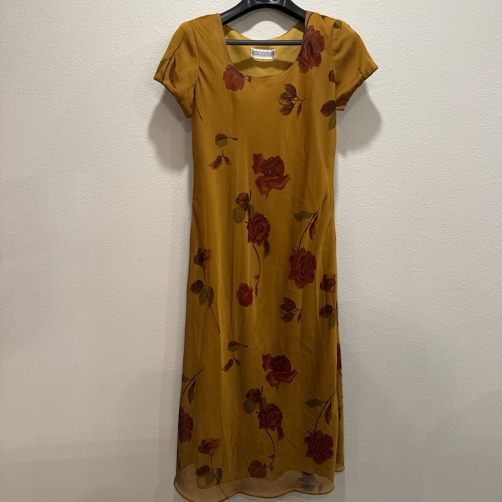 Vintage 90s Yellow Rose Floral Dress | Made in USA | Size 8 - Picture 5 of 12